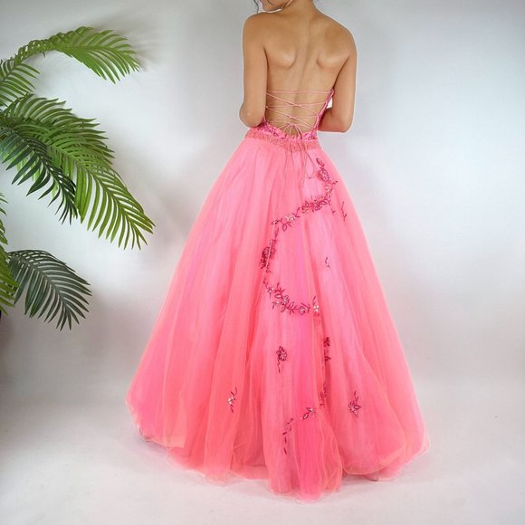 Vintage Y2K Pink Fairycore Floral Strapless Floral Prom Ball Gown Dress / Sz: 4 - Picture 3 of 6